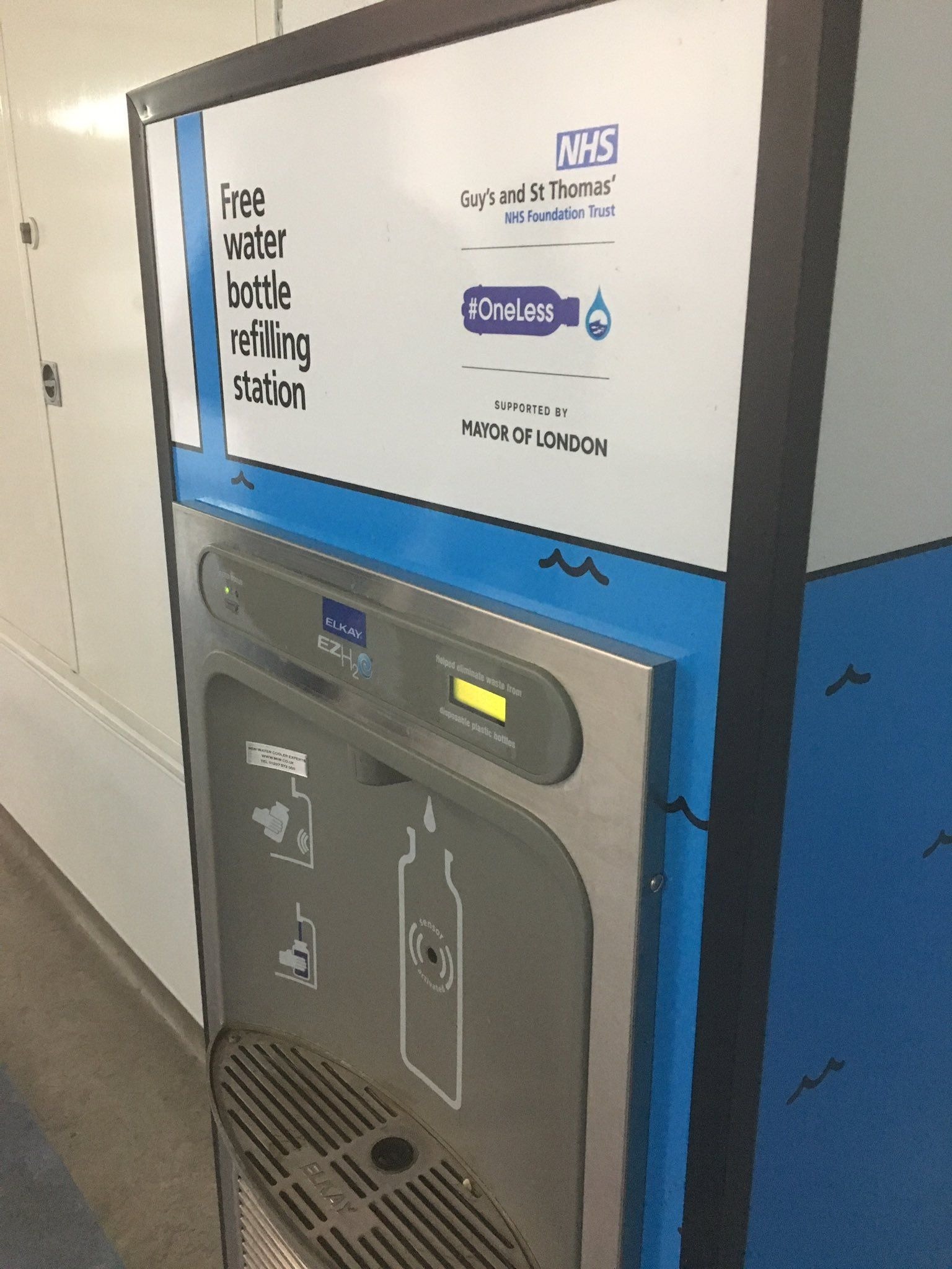 New indoor vandal-proof drinking fountain and bottle refill station with Guy’s and St. Thomas’ Hospitals branding