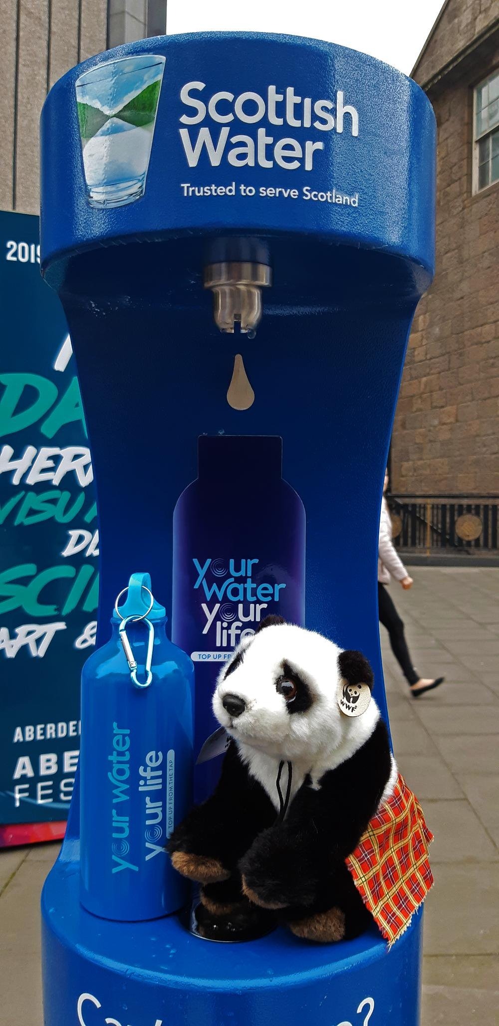 New blue outdoor bottle refill station in Aberdeen city centre