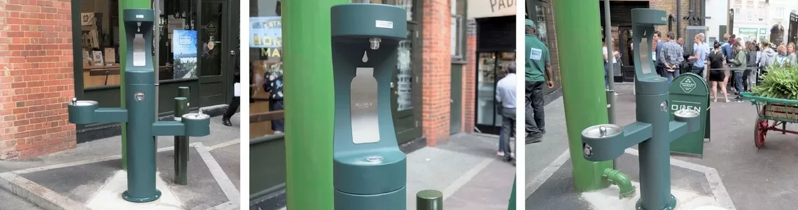 Collage of the new green outdoor drinking fountain and bottle refill station in Borough Market