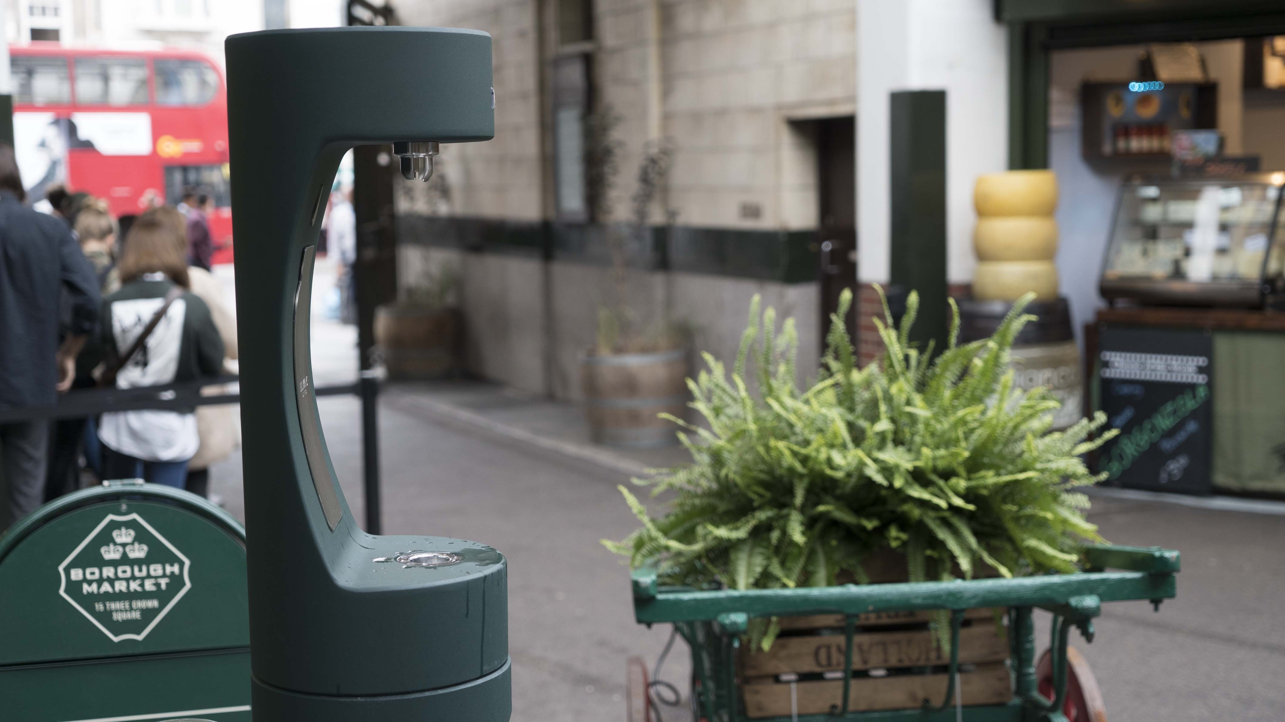 Green bottle filler top shot of the Borough Market drinking fountain.