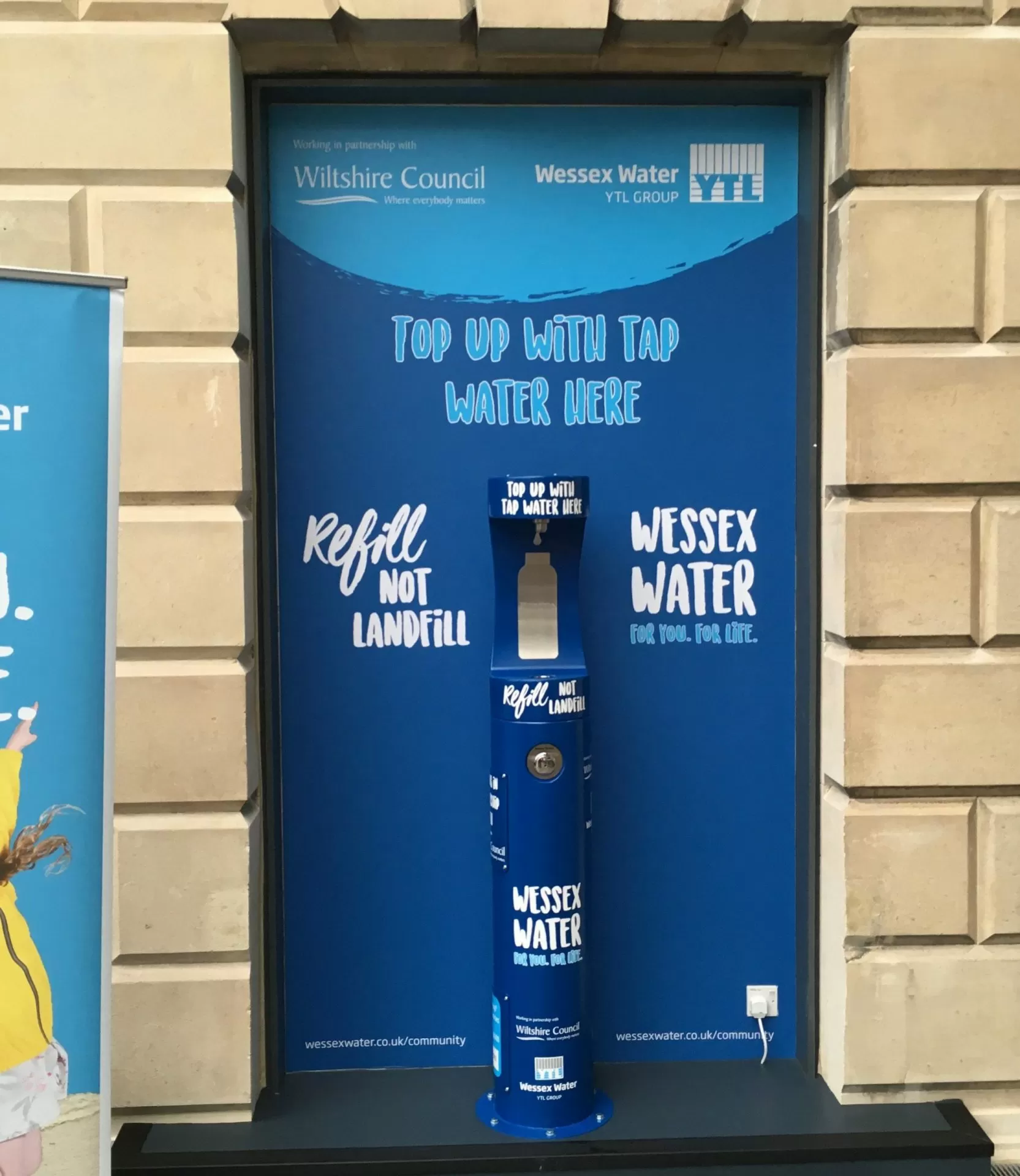 Newly installed Wessex Water and Wiltshire Council bottle refill station in County Hall