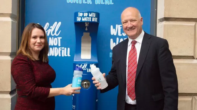 Wessex Water's Head of Community Engagement Kirsty Scarlett and Cllr Philip Whitehead, Wiltshire Council Leader, opening the new drinking fountain in County Hall