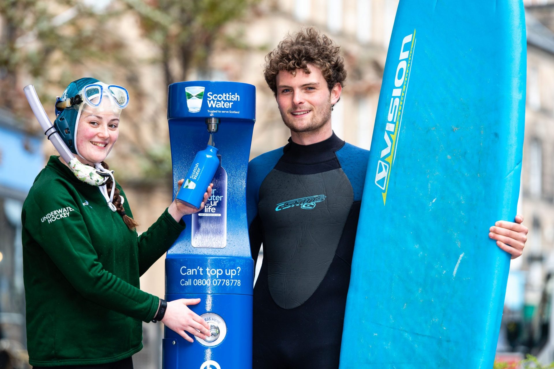 Members of University of Stirling’s Surf Club with the new Scottish Water drinking fountain