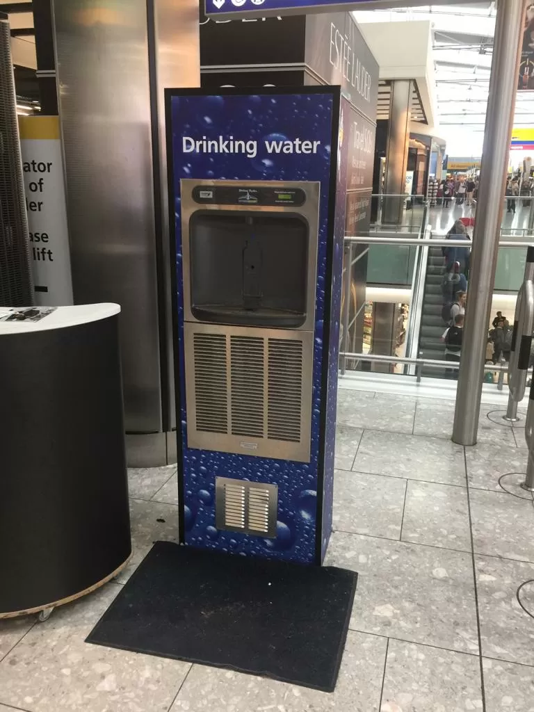 Branded bottle refill station at Heathrow Airport