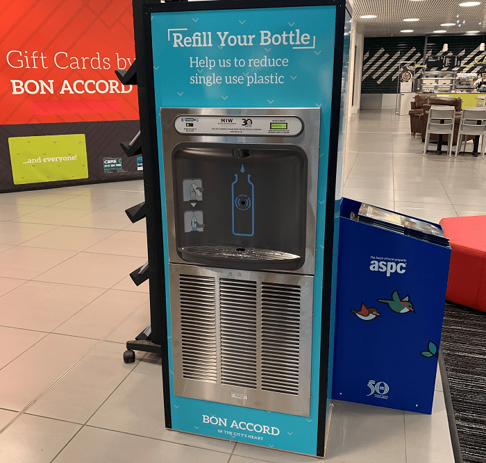 Branded Eco-Dispenser bottle refill station in Aberdeen shopping centre.