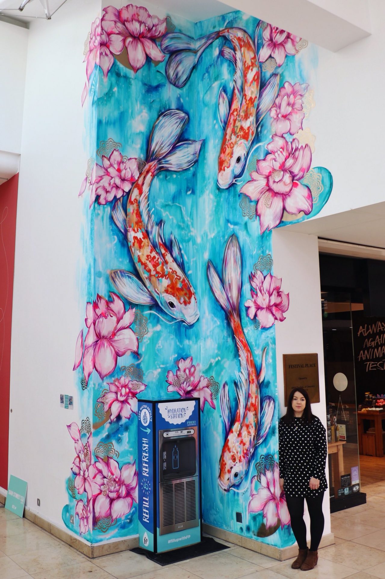 Bottle refill station and new mural at Festival Place Shopping Centre